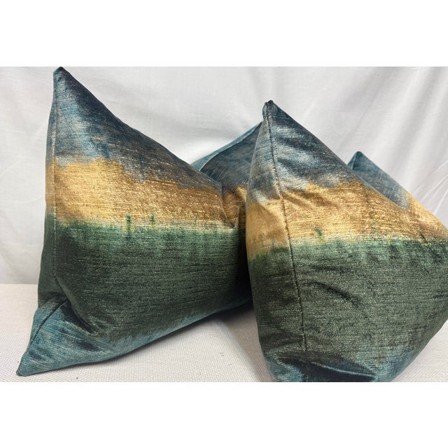 Custom pair of 14x22" pillows covered in Kravet Couture "Izumo Velvet" in color Aegean. These pillows are knife edged,...