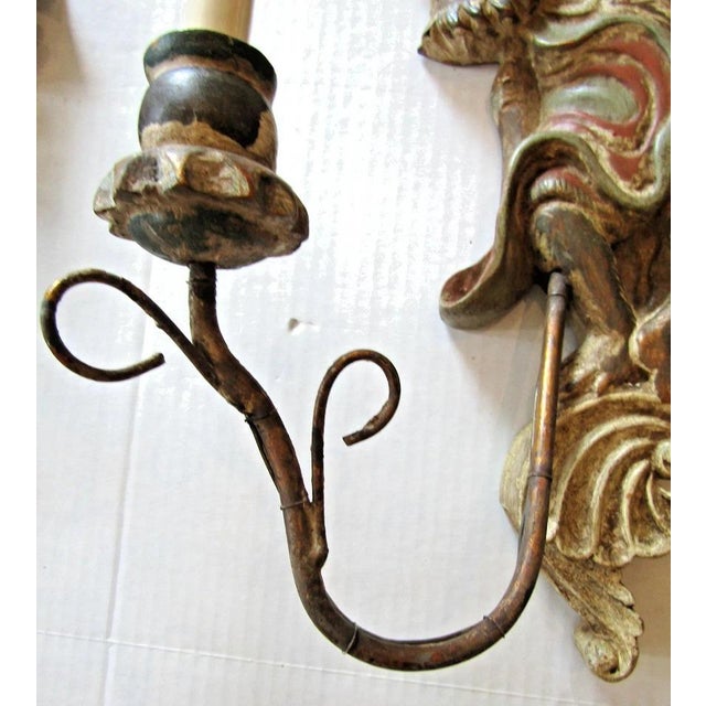 1920s Polychrome Hand Carved Wood and Iron Monkey Wall Sconces - a Pair For Sale - Image 14 of 17