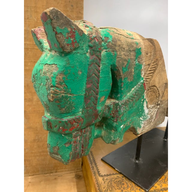 Indian Antique Carved Wooden Architectural Horse Head Mounted on Metal Stand For Sale - Image 3 of 4