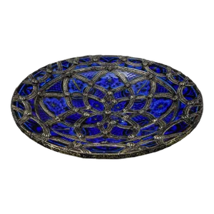 Mid 20th Century Safi Signed Large Morrocan Fez Nickel-Silver Filgree Enamel Art Pottery Bowl
