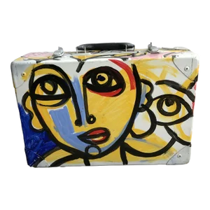 Peter Keil White Cubist Hand Painted Suitcase