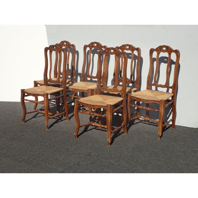 French Country Set of Six Vintage French Country Brown Rush Dining Chairs For Sale - Image 3 of 13