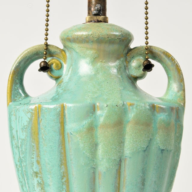 Antique Celadon Glazed Ceramic Urn Lamp With Bronze Base For Sale - Image 4 of 18