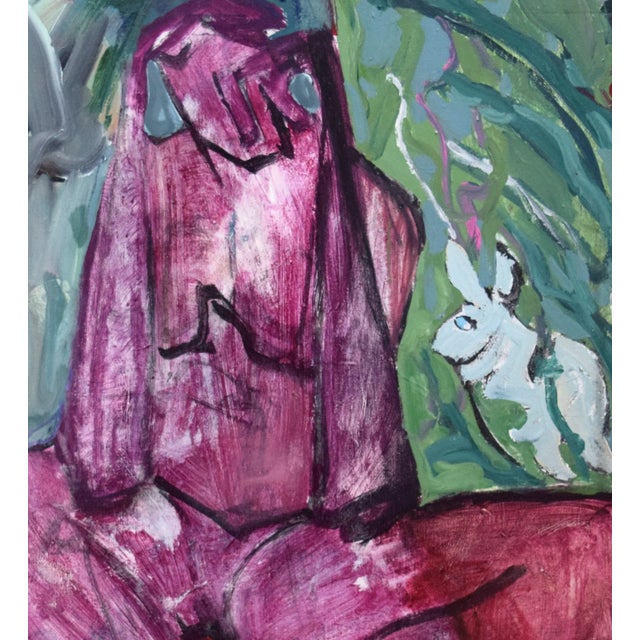 1970s Vintage Mid Century Modernist Figurative Abstract Painting of a Nude With a Rabbit For Sale - Image 5 of 8