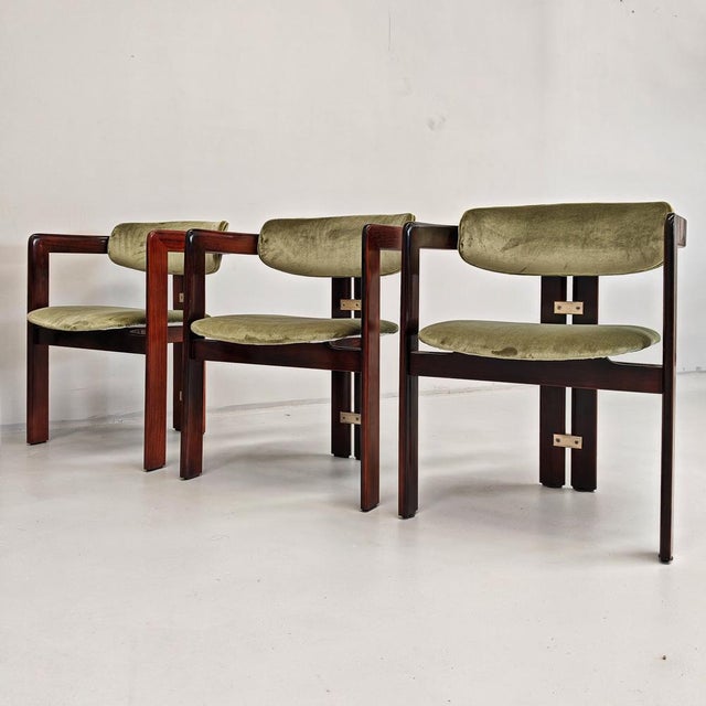 Brown Pamplona Chairs in Wood and Green Velvet attributed to A. Savini for Pozzi, 1970s, Set of 6 For Sale - Image 8 of 18