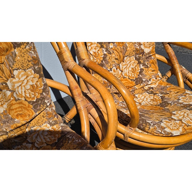 1970's Pair of Vintage Bamboo Rattan Mid Century Modern Swivel Orange Chairs For Sale - Image 9 of 18