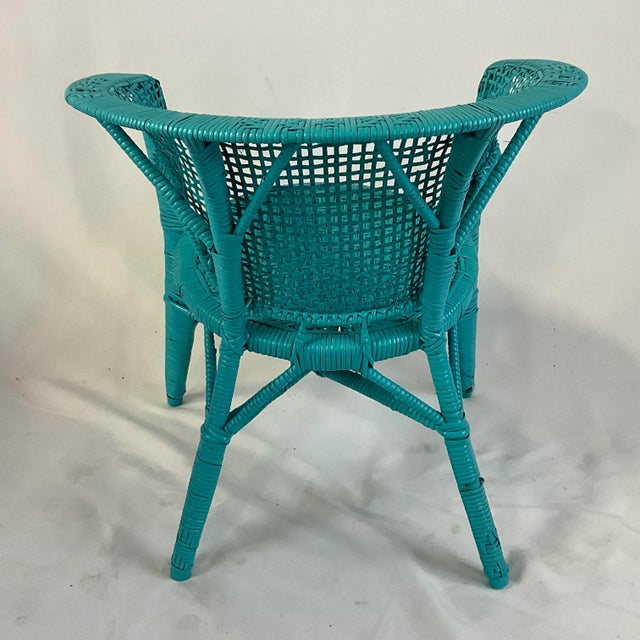 Vintage Coastal Boho Chic Turquoise Painted Wicker Chair. For Sale - Image 6 of 10