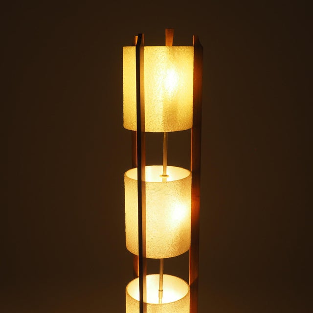 Wood Mid-Century Modern Three-Tier Fiberglass and Wood Floor Lamp, 1950s For Sale - Image 7 of 14
