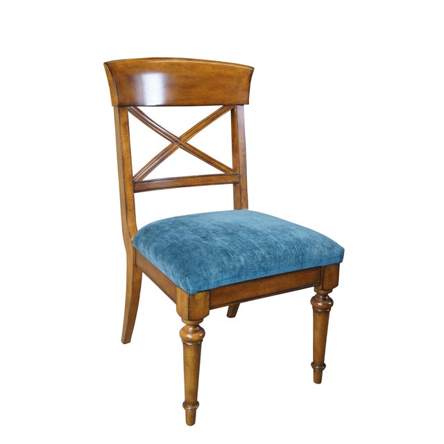 6 Early 21st Century Neoclassical Direcrtoire dining chairs. Features a cherry finished. The chairs have a contoured crest...