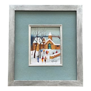 Vintage 60s Enamel on Copper Snow Scene Painting - Framed For Sale