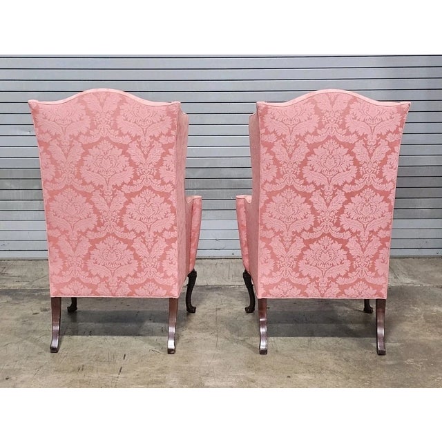 Wood Pair of Late 20th Century Southwood Mahogany Queen Anne Style Wing Chairs Silk Damask Fabric For Sale - Image 7 of 11