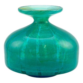 Turquoise and Green Striped Glass Squat Bottle Vase from Mdina, Malta, 1970s For Sale