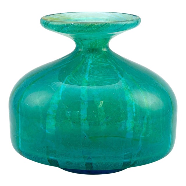 Turquoise and Green Striped Glass Squat Bottle Vase from Mdina, Malta, 1970s For Sale