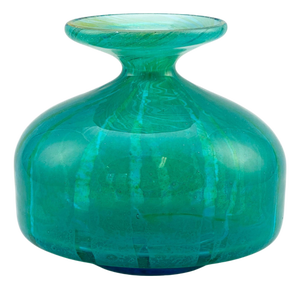 Turquoise and Green Striped Glass Squat Bottle Vase from Mdina, Malta, 1970s