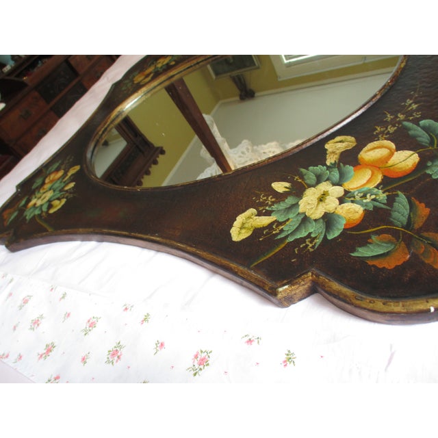 Vintage French Country Ornate Hand Painted Wood With Flower Design Mirror For Sale - Image 11 of 15
