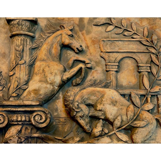 1970s Neoclassical Terracotta Wall Relief Plaque With Horses & Classical Columns For Sale - Image 10 of 11