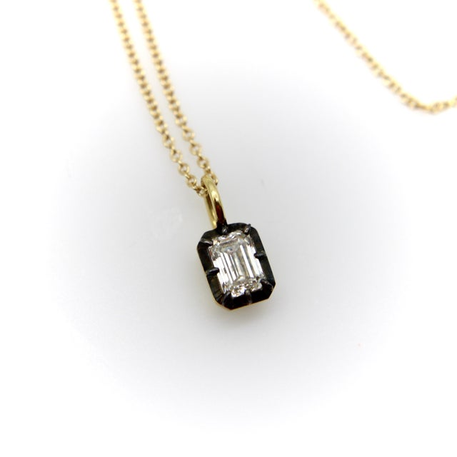 Modern 18k Gold 1/2 Carat Emerald Cut Diamond in Collet Setting With Black Rhodium Necklace For Sale - Image 3 of 12