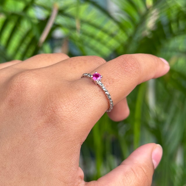 Brilliant Round Cut Pink Sapphire & Diamond Stacking Ring Size 5.5 in 14k Yellow Gold For Sale - Image 12 of 16