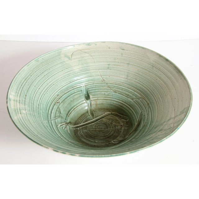 Ceramic Large Celadon Glazed Ceramic Bowl With Incised Abstract Decoration For Sale - Image 7 of 9