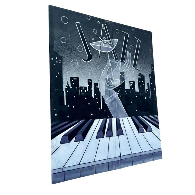 1980s Hand Painted Jazz Cityscape Oil on Canvas Screen For Sale - Image 4 of 4