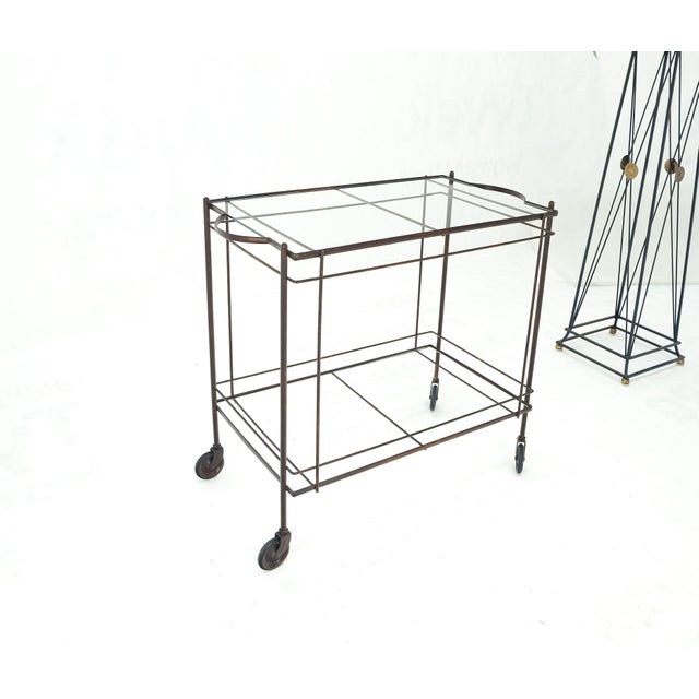 Metal Mid Century Modern c1950s Rolling Brass Two Tier Rectangle Serving Cart Wheels For Sale - Image 7 of 12