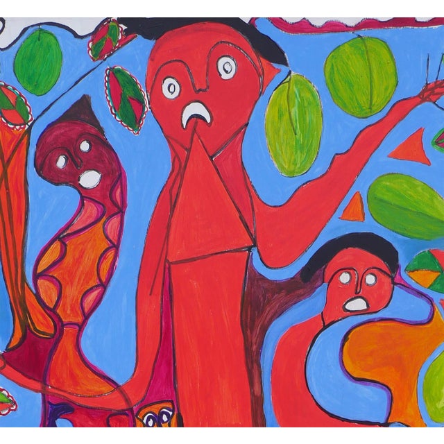 Richard Antilhomme Red & Blue Abstract Figurative Painting with Four Figures and Botanical Elements, Late 20th Century For Sale - Image 11 of 12