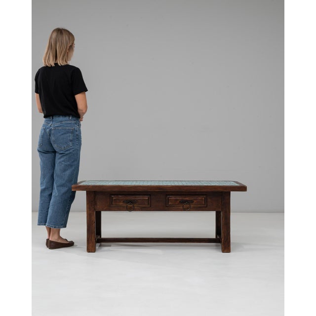 French 1970s French Wooden Coffee Table With Turquoise Tiled Top For Sale - Image 3 of 18