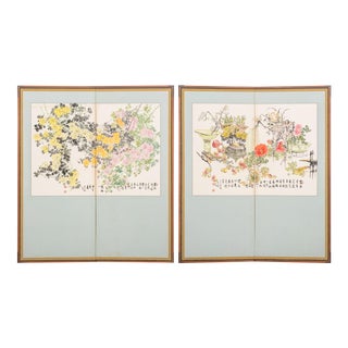 Japanese Ink Painting Two Panel Screens, Pair For Sale