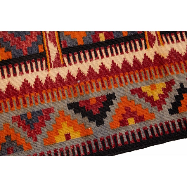 1950s Vintage Kilim Handmade Flatweave Orange Geometric Wool Runner 3' 10'' X 11' 5'' For Sale - Image 5 of 11