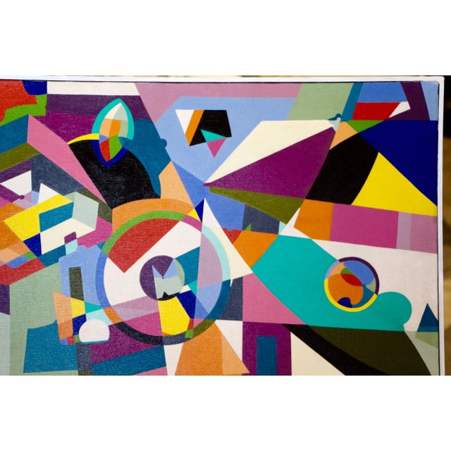 A vibrant colorful abstract painting titled "Geometrical Interior" by Edgar Huertas Brenes. It is signed E. Brenes lower...