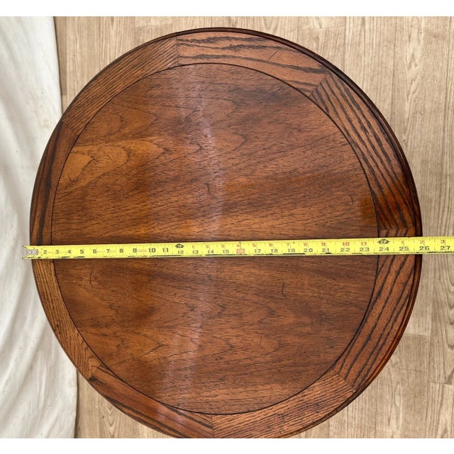 Vintage Round Side Table With Bottom Shelf Double Column Legs Solid Oak For Sale - Image 10 of 12