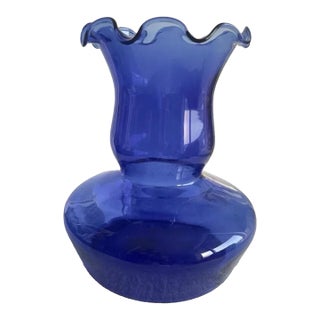 Vintage Cobalt Blue Blown Glass Vase 10” High Ruffled Edge Made in Colombia For Sale