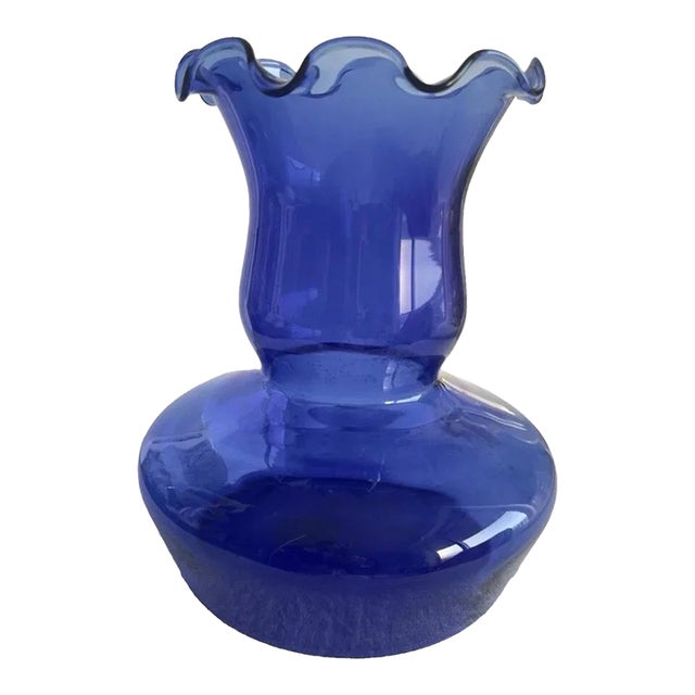 Vintage Cobalt Blue Blown Glass Vase 10” High Ruffled Edge Made in Colombia For Sale