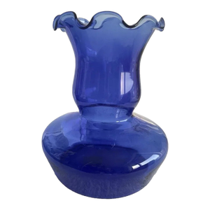 Vintage Cobalt Blue Blown Glass Vase 10” High Ruffled Edge Made in Colombia