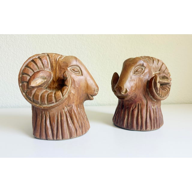 Carved Wood Rams Head Bookends by Sarreid Spain 1970s - A Pair For Sale - Image 9 of 13