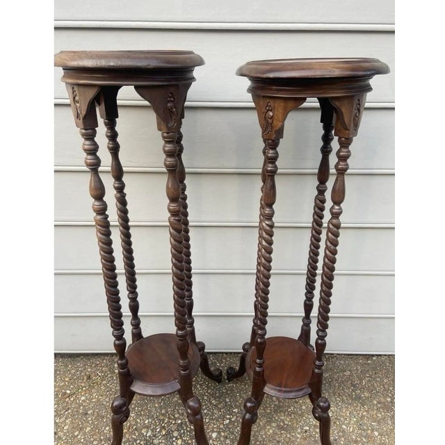 Coffee Early 20th Century Victorian Carved Mahogany or Walnut Plant Pedestal Stands Display Columns Torchieres With Turned Legs, a Pair For Sale - Image 8 of 8