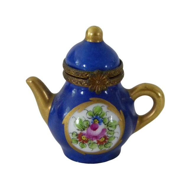 Blue Limoges France Miniature Teapot Trinket Box | Peint Main | Cobalt Blue & Gold Porcelain | Signed For Sale - Image 8 of 10