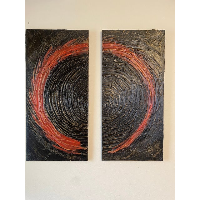 Contemporary One-of-a-Kind Sculptural Plaster Diptych by Denver Artist – Black & Muted Red on Wood Panel, 15” X 32” For Sale - Image 3 of 3