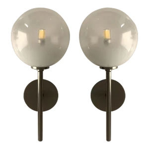 Set of Two Contemporary Gradient White Sphere in Black Nikel Wall Sconces