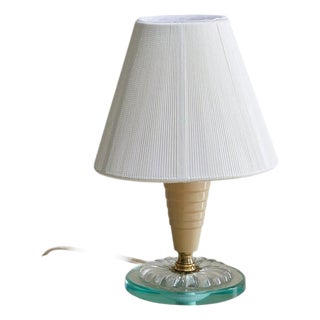 Italian Ivory Lacquered Metal + Glass Table Lamp with String Shade, 1950s For Sale