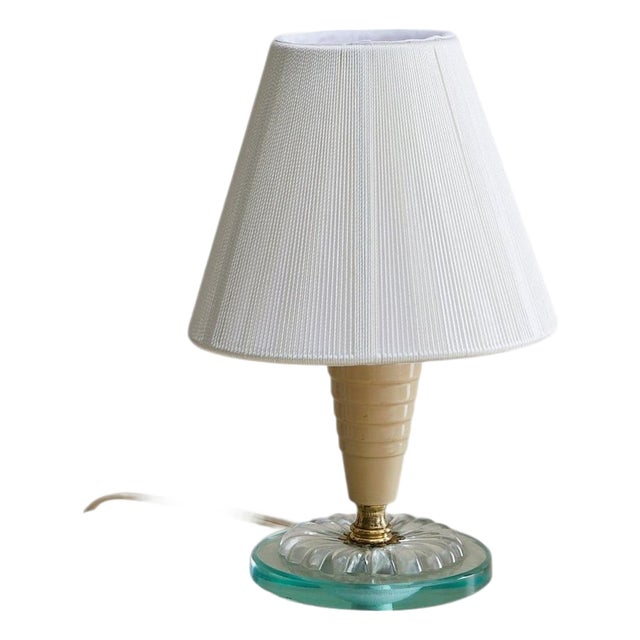 Italian Ivory Lacquered Metal + Glass Table Lamp with String Shade, 1950s For Sale