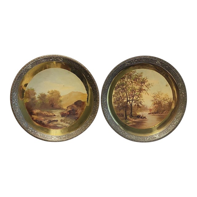 1888 Handpainted Wall Brass Plates - A Pair For Sale