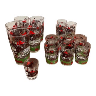 Vintage Hazel Atlas "Fox Hunt" Glassware Set - Mixed Sizes - 15 Pieces For Sale