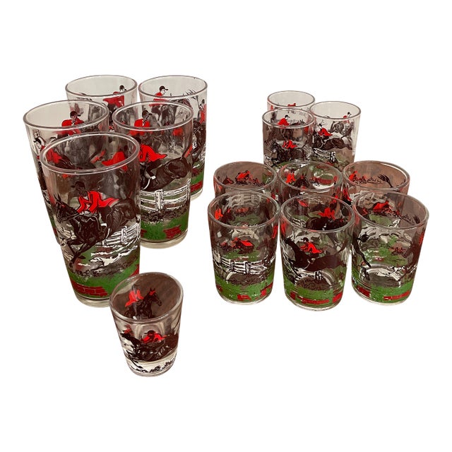 Vintage Hazel Atlas "Fox Hunt" Glassware Set - Mixed Sizes - 15 Pieces For Sale