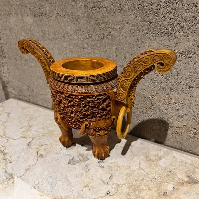 Wood Majestic Chinese Ding Vessel Hand Carved Decorative Ritual Tripod For Sale - Image 7 of 11