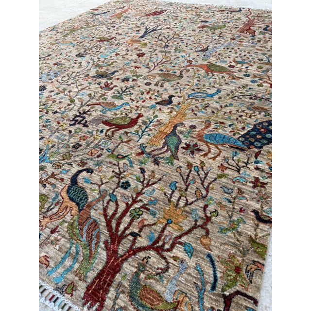 Bird of Paradise Area Rug, Hand-Knotted Wool, Pictorial, 8x10, Beige & Teal For Sale - Image 9 of 11