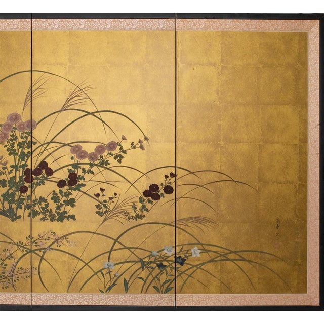 Japanese 1960s Shōwa Era Japanese Painted Byobu Screen "Chrysanthemums" For Sale - Image 3 of 18