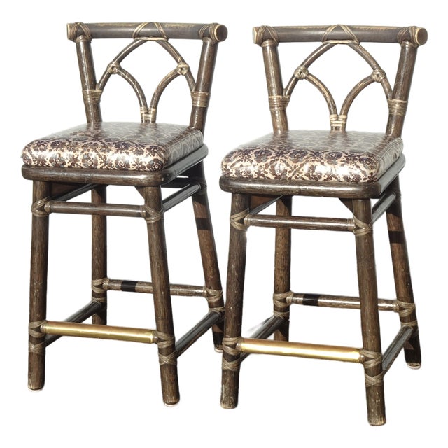 Pair of Vintage McGuire Barstools Bar Stools W Leather Straps and Brass Footrest For Sale