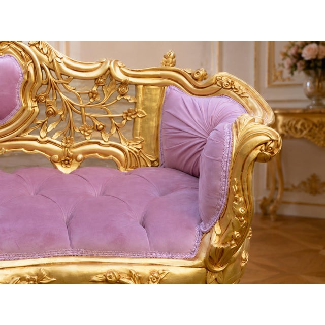 Late 20c Artisan Louis XVI Gold Rose Beech Settee For Sale - Image 6 of 9
