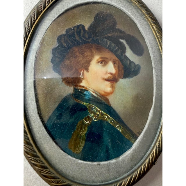 Victorian Antique 1800's Original Hand Painted Miniature Rembrandt Portrait Bronze Framed For Sale - Image 3 of 9
